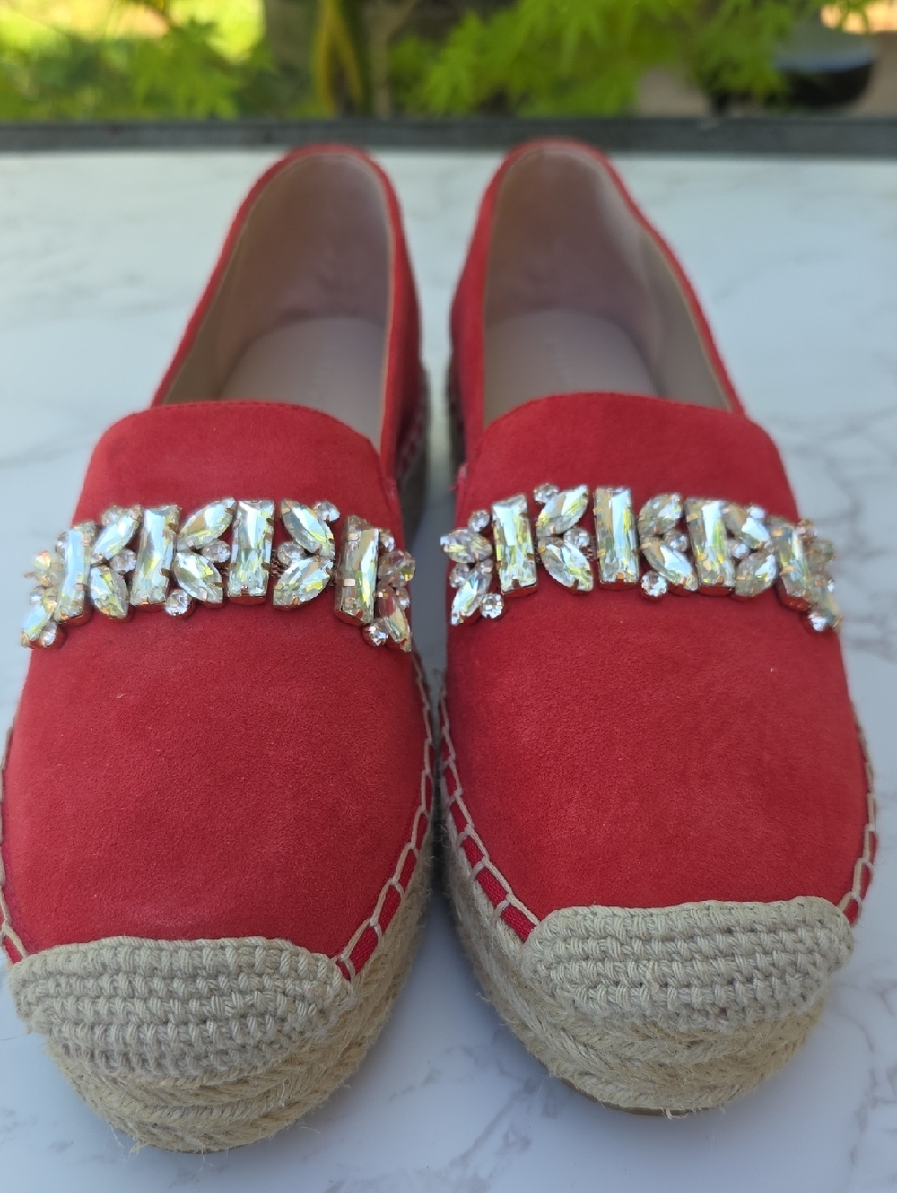 Karl Lagerfeld Size 8.5 Red Suede Jeweled Espadrille Flats Rhinestones Shoes